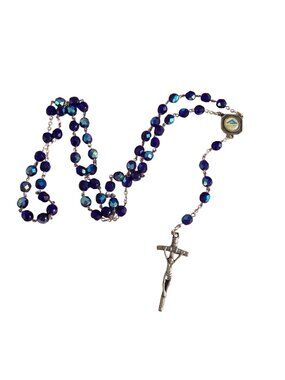 Vintage Holy Cross Family Ministries Rosary Silver Tone Blue Aurora Borealis